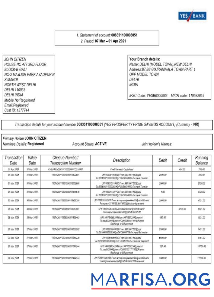 Downloadable India Yes Ibank statement 2 pages real example